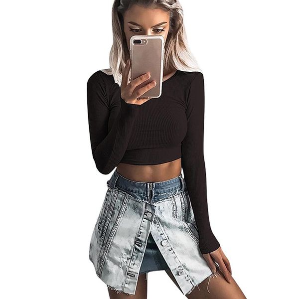 

women's t-shirt 2021 autumn fashion women slim soft elastic crop long sleeve elegant black o-neck casual short t-shirts, White