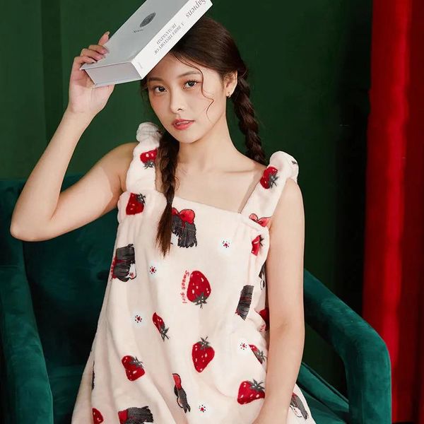 

towel cute soft bath robe women sling bathrobe microfiber absorbent quick dry cotton wearable strawberry print dress
