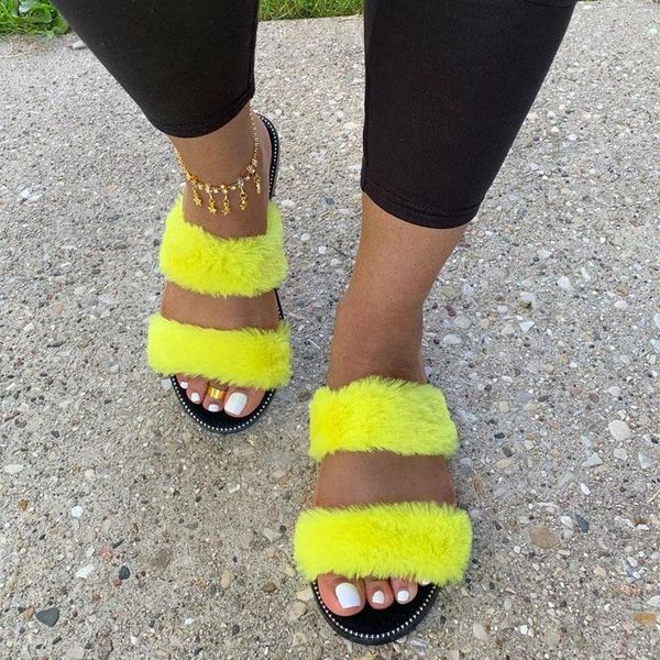 

2021 women slippers furry fur ladies slides home flip flops fashion fluffy plush house shoes female indoor woman slippers flats, Black