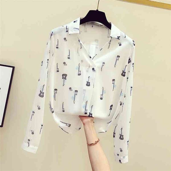 

autunn women's v neck long sleeves guitar print chiffon shirts female shirt blouse a3501 210519, White