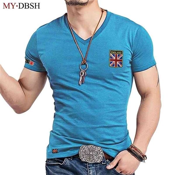 MyDBSH Marka Moda V Boyun Erkekler T Gömlek Rahat Elastik Pamuk Erkek Slim Fit Tişört Adam Nakış İngiltere Bayrağı T-Shirt Giyim 210716