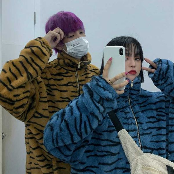 Harajuku Retro Winter Casacos Quentes Moda Moda Com Zíper Bolso Jackets Zebra Listrado Parka Outwear 55454 211008