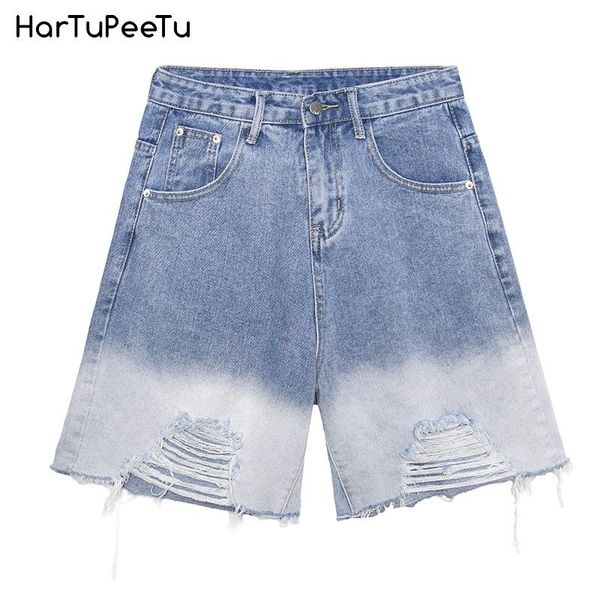 

women's jeans knee length ripped denim shorts for women high waist mom summer plus size loose fit casual cropped color gradient, Blue