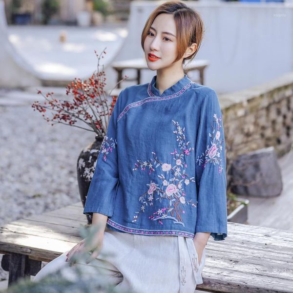 

women's jackets chinese style linen t-shirt cotton embroidery women zen tea shirt 52089, Black;brown