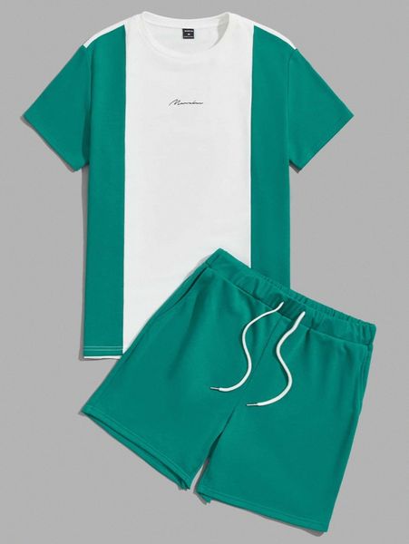 

men colorblock tee & drawstring shorts set 42ij#, Gray