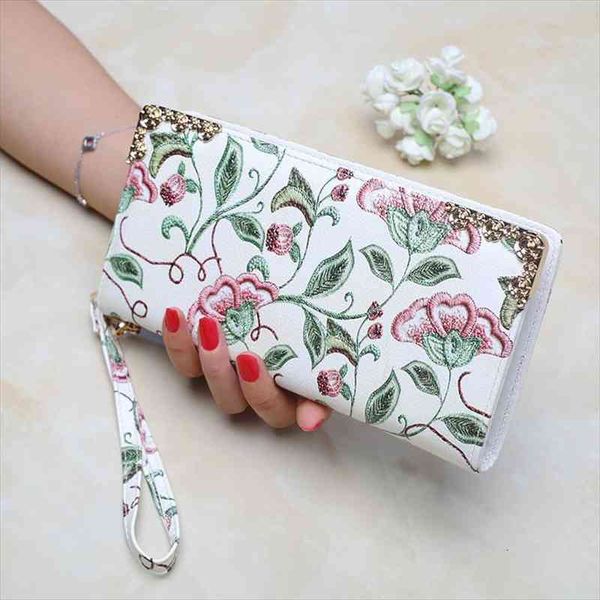 

chinese style women wallet long purse printed flower lady clutch bags for card pin money key phone, Red;black