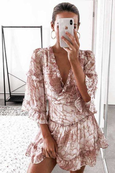 

luxury party evening dress 2021 summer printed chiffon v-neck short skirt medium sleeve fashion slim drs, Black