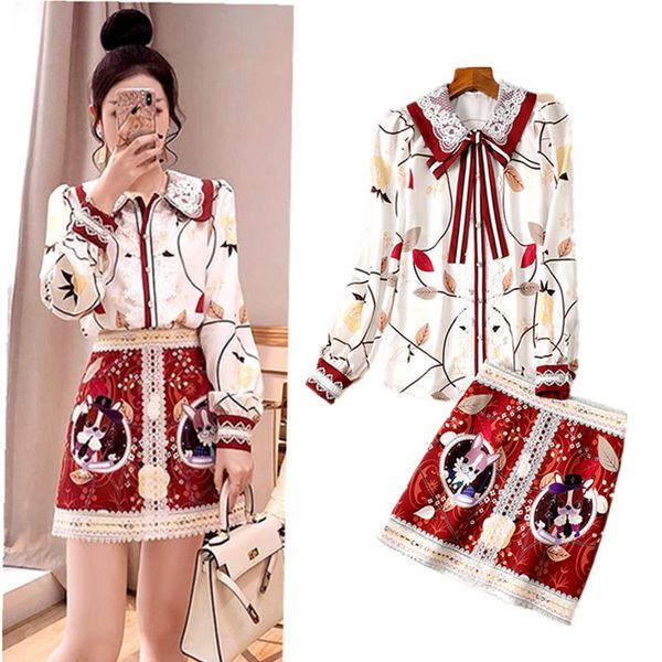

two piece dress women's spring runway retro bow lace shirt long sleeve and cute patchwork skirt set party clothing ns679, White