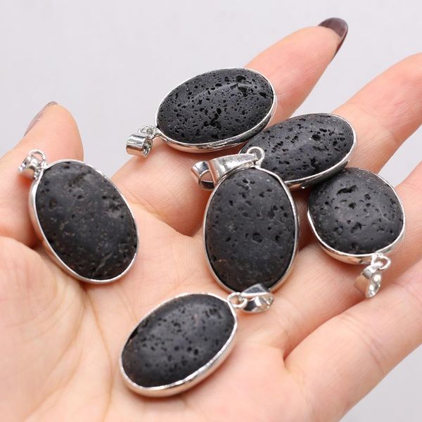 

charms 1pcs natural stone volcanic rock oval black pendant for jewelry makingdiy necklace earring accessories healing gift decor20x25mm, Bronze;silver