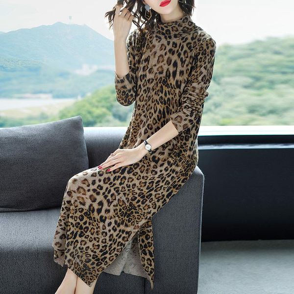 

casual dresses winter vintage 3xl plus size leopard turtleneck wool sweaters 2021 knitting pullovers elegant women bodycon sweater dress, Black;gray