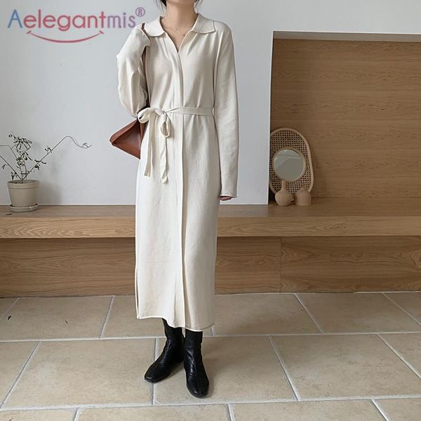 

casual dresses aelegantmis 2021 autumn winter fashion elegant knitted dress women belt korean solid causal sweater vintage robe, Black;gray
