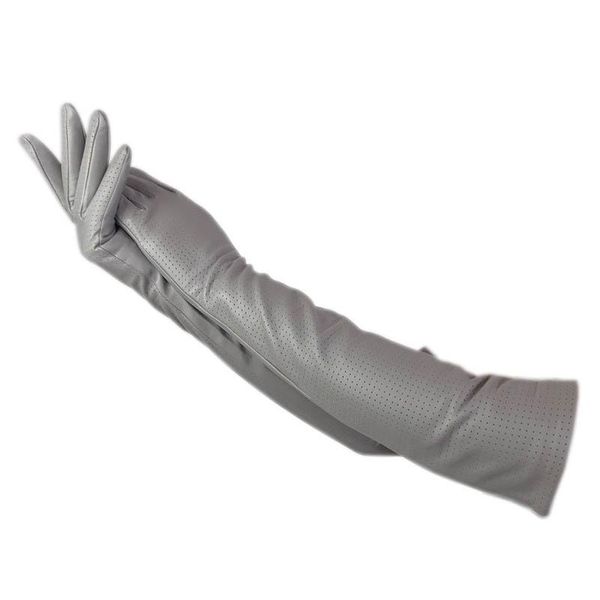 

five fingers gloves winter ladies fashion elbow sheepskin 50 cm long perforated leather light gray warm dress driving 2021, Blue;gray