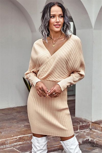 

casual dresses v neck womens sweater knitted long sleeve winter dress solid female vestido robe, Black;gray