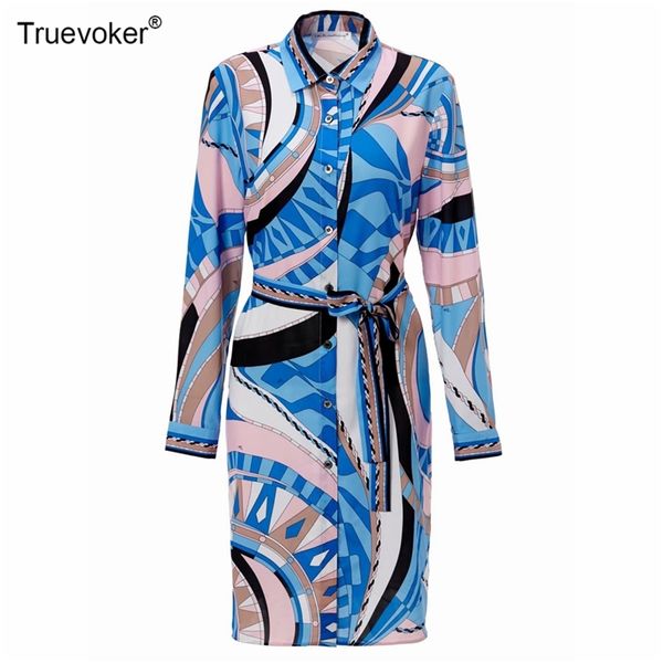 

truevoker female long sleeves geometry print knee length tied waist party dres runway fashion festa vestidos 210602, Black;gray
