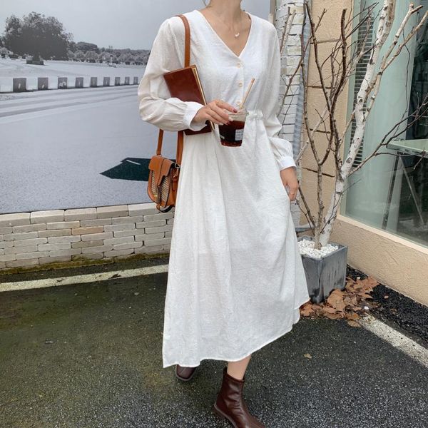 

casual dresses alien kitty 2021 autumn ladies dress solid color v-neck puff sleeves high waist mid-length sweet classic elegant, Black;gray