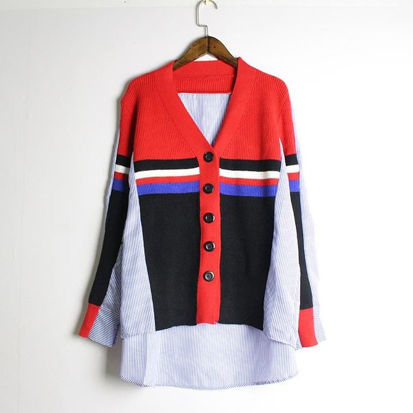 

fashion design women striped shirts fake two pieces color contrast patchwork blouse female v neck self-cultivation women's blouses &, White