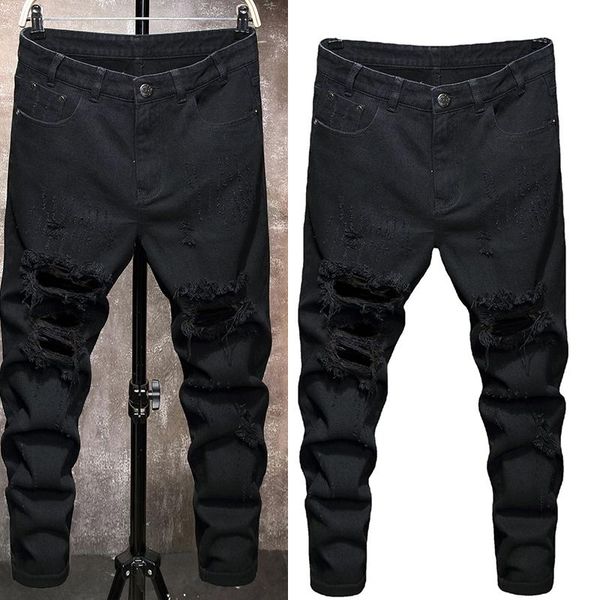 

ripped washed old damaged jeans men zipper slim fit cotton denim men's, Blue