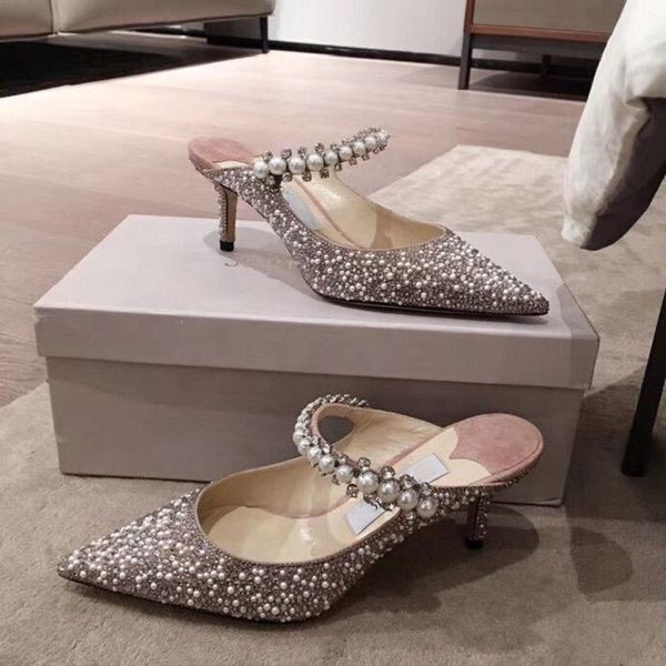 

wedding shoes women 2022 new single shoes sandals stiletto pointed shallow mouth silver buckle belt pearl crystal bridal high heels with box, Black