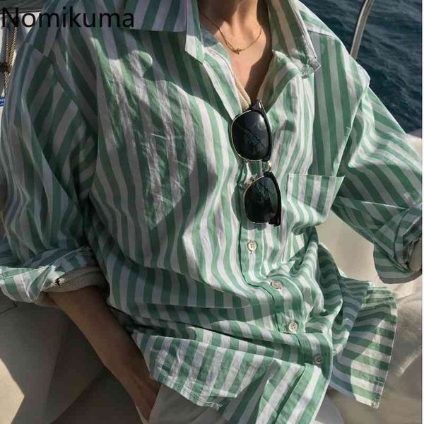 

nomikuma korean style striped blouse women turn down collar long sleeve shirts single breasted casual loose blusas mujer 210514, White