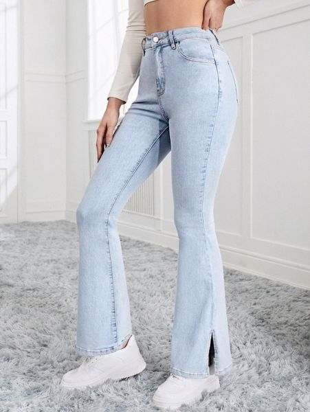 

light wash split side bootcut jeans e5jv#, Blue