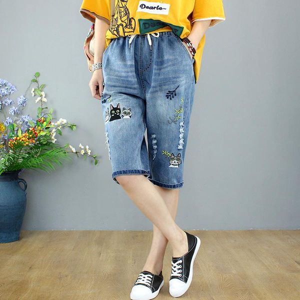 

women's jeans vintage cats embroidery cotton shorts woman loose plus size women ladies casual denim ripped jean femme, Blue