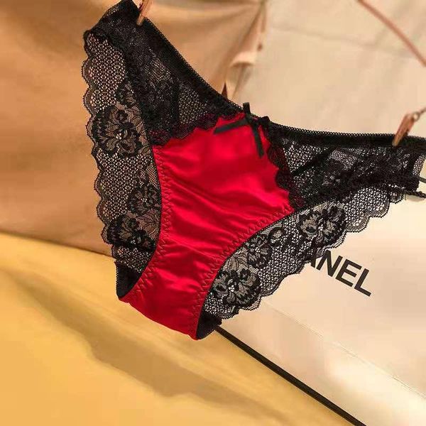 

women's panties european and american color matching satin briefs lace jacquard breathable cotton file ladies underwear charming shorts, Black;pink