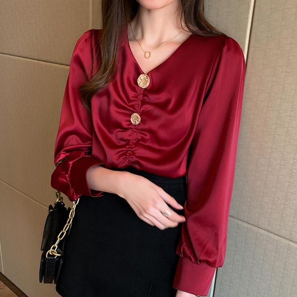 

women's blouses & shirts korean fashion women silk satin shirt plus size elegant woman spring v-neck blouse womens and, White