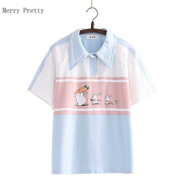 

summer women short sleeve turndown collar cotton shirts harakuju cartoon print graphic shirt sweet style kawaii ops 210526, White