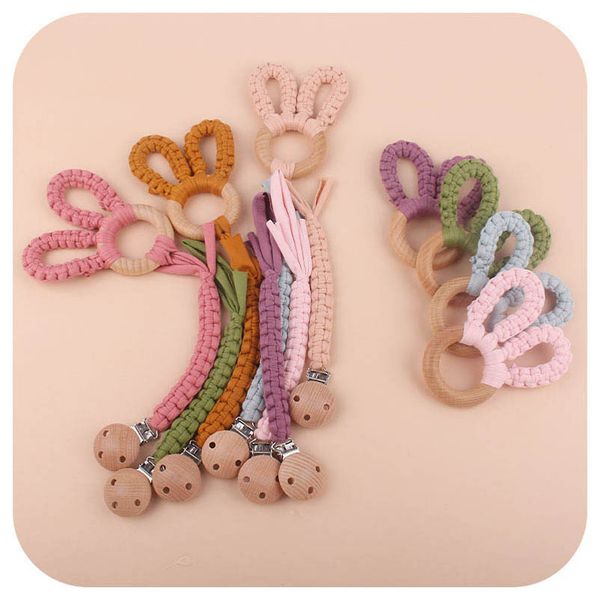 

baby pacifier chain holders clips natural wooden cotton hand knitting infant feeding newborn teeth practice toys kids chew toy pacifiers 2pc
