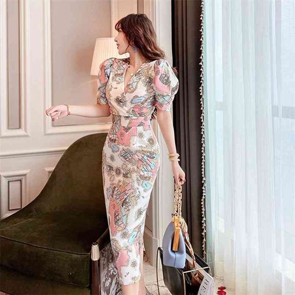 Midi-Blumenkleid für Frauen Sommer Kurzarm Eleganter Druck V-Ausschnitt Polyester Damen Sexy Korea Büro Blumenkleider 210602