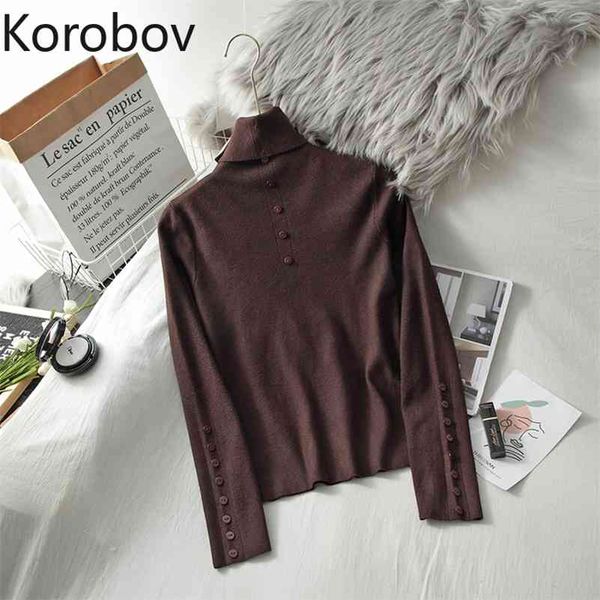 

korobov korean streetwear turtleneck long sleeve pullovers vintage harajuku chic button sweaters autumn winter sueter mujer 210430, White;black