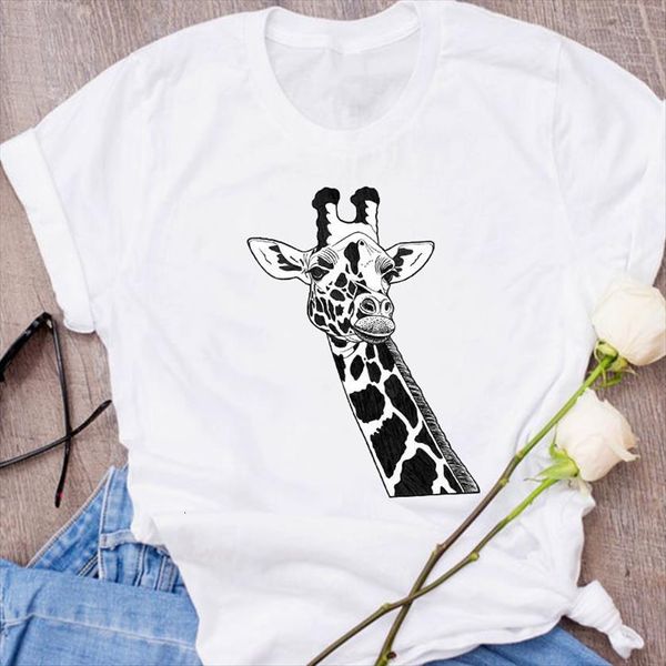 

graphic giraffe short sleeve women t shirts 90s animal cartoon clothes tees print clothing female shirt womens, White
