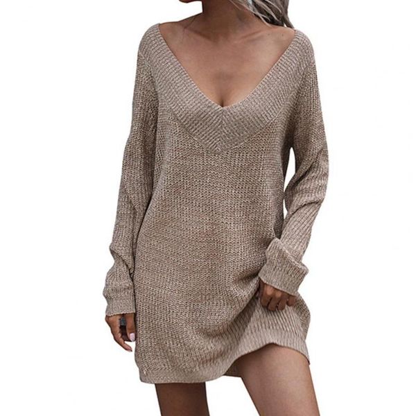 

casual dresses sweater dress low cut v-neck autumn solid color mini knitwear, Black;gray