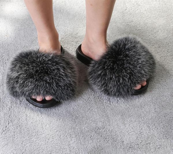 

summer women fur slippers real slides female indoor flip flops casual raccon sandals furry fluffy plush shoes, Black