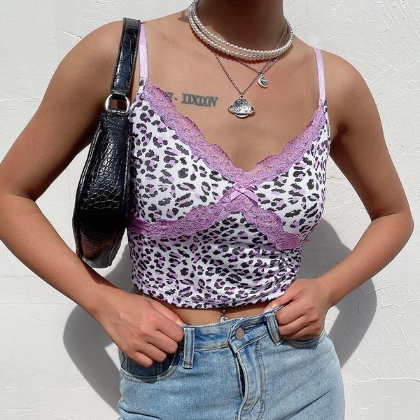 

leopard print womens tanks patchwork lace cami women purple summer e girl spaghetti crop v neck y2k, White