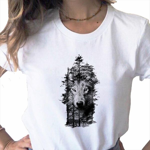 

Summer Wolf Print And Mens Tops Women Aesthetic Harajuku Ulzzang Female Tee Clothes 90s Graphic Top, White;black