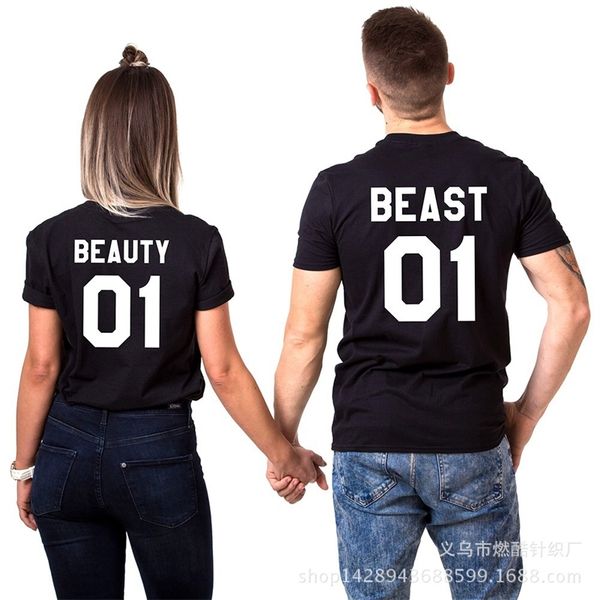 

beast01 beauty01 letter printed men's and women's cotton t-shirt, Black;white