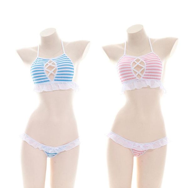 Conjuntos de sutiãs por atacado japonês kawaii anime cosplay sexy listrado otaku lingerie set lolita feminino underwear terno íntimo camisole calça