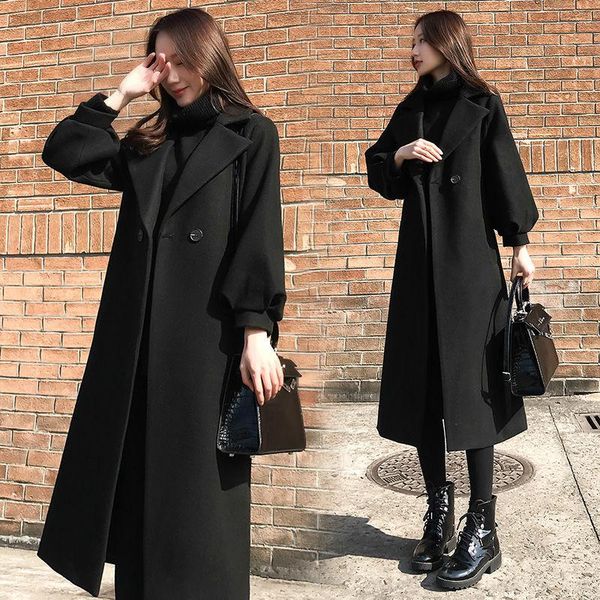 

women's wool & blends 2021 autumn winter ladies woolen coat women korean plus size black wild jacket female fashion long loose overcoat
