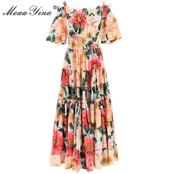 

party dresses moaayina fashion designer cotton dress summer women's elastic waist camellia floral print beach vacation, White;black