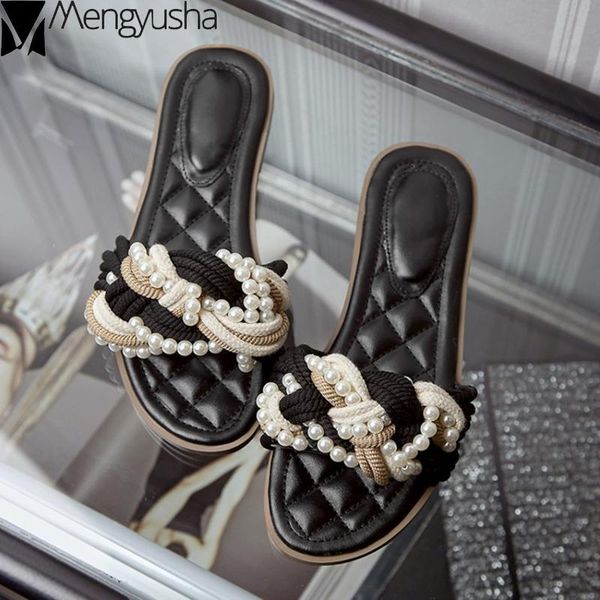 

slippers string bead summer flats shoes woman mixed color flax weaving slides beach trendy flipflops femme non-slip footwear2021, Black