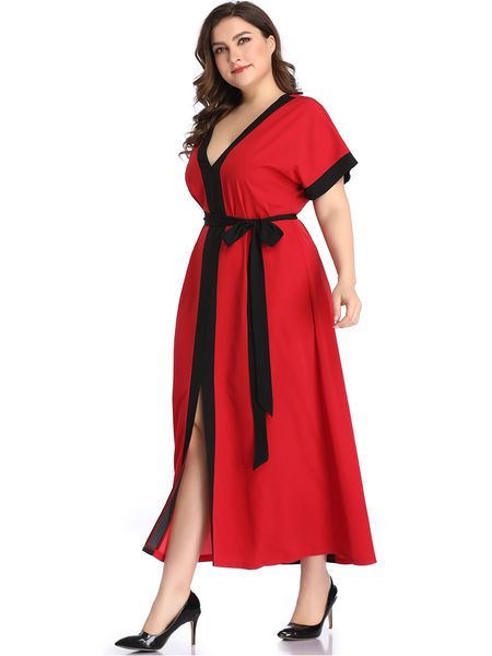 

Plus size Dresses Hy88030# Large Patchwork Color Contrast, Red
