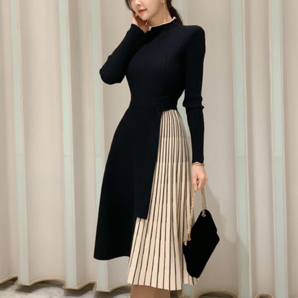 

dress autumn winter women fashion stitching stripe pleated sweater elegant long sleeve ol midi knitted runway vestidos robe vvlz, Black;gray