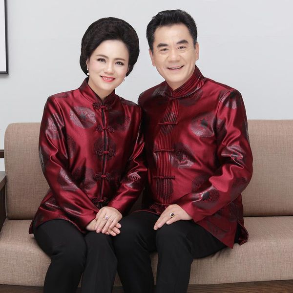 

ethnic clothing vintage classic mandarin collar couple qipao women full sleeve cardigan cheongsams men retro button chinese tang with pocket, Red