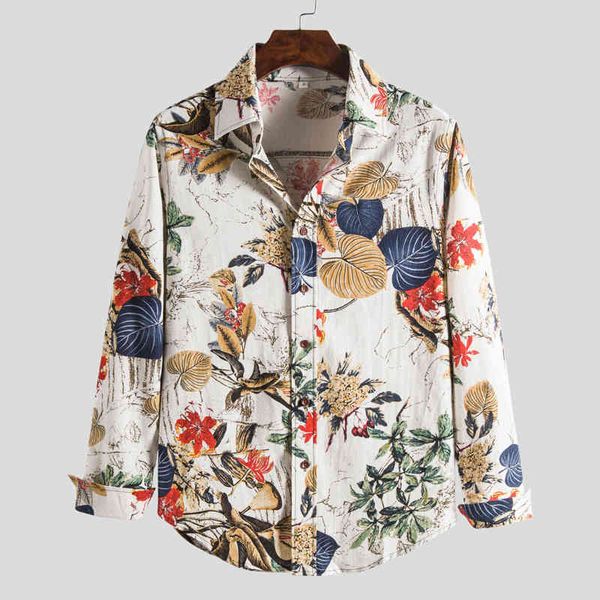 

floral print shirt long sleeve hawaii colorful leaf pattern fashion casual cotton button loose shirt men dress flower 210524, White;black