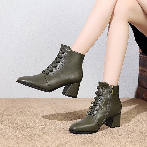 

boots lace up zipper ankle female fad chic autumn leather women shoes solid black block high heels casual woman