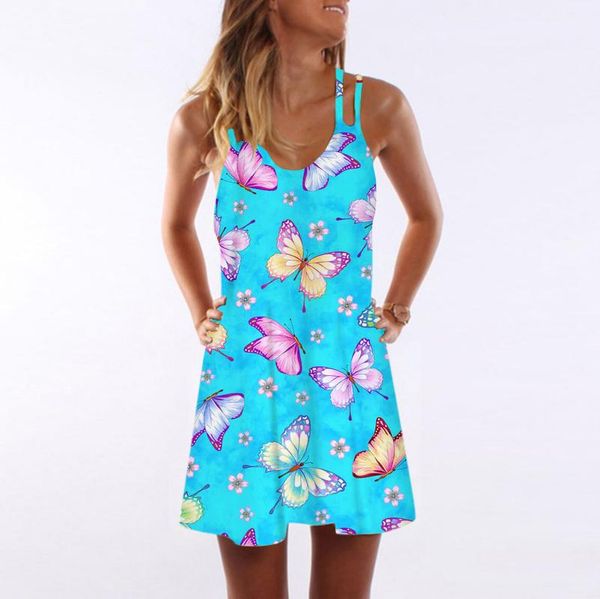 

40# butterfly printed dress summer bohemian sundress casual beach with pocket female oversized tank vestido de mujer dresses, Black;gray