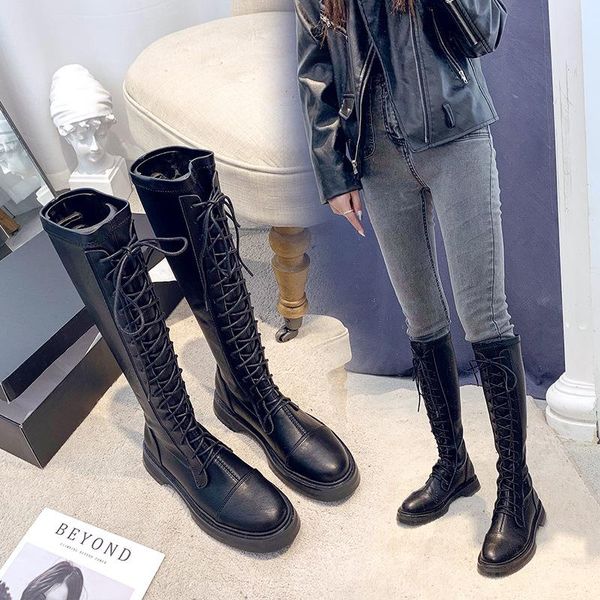 

boots strap leather knee-high warm women's 2021 autumn high, Black