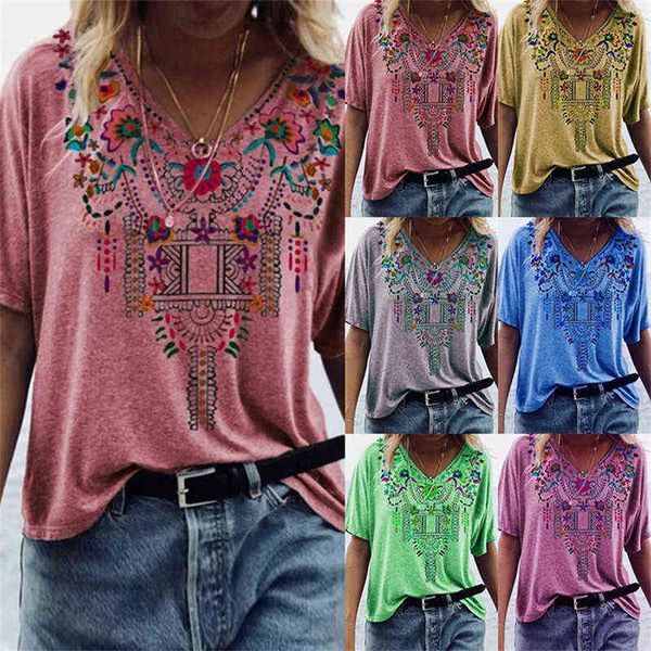 

women's t-shirt women's 2022 spring and summer printed ethnic v-neck short sleeve t-shirt, White