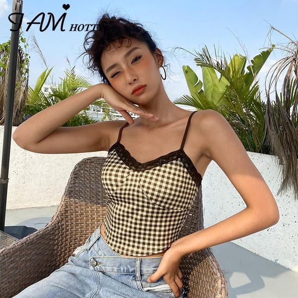

women's tanks & camis cute plaid print lace camisole women vintage sleeveless crop slim corset summer beach holiday outfit ves, White